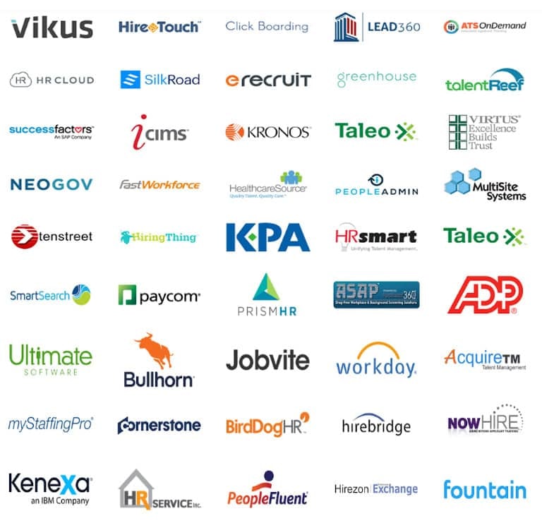 Full list of ATS and HR platform integrations including Vikus, HireTouch, Greenhouse, iCIMS, Workday, Bullhorn, ADP, Jobvite and many more